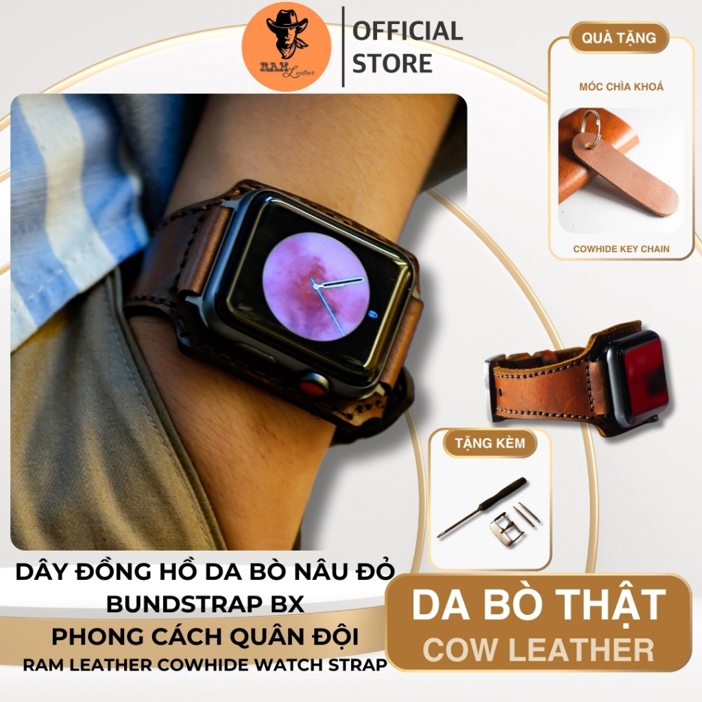 Dây Đồng Hồ Handmade Aple Watch AW, iWatch, iPhone Watch Da Bò Nâu Đất RAM Leather Bundstrap Quân Độ