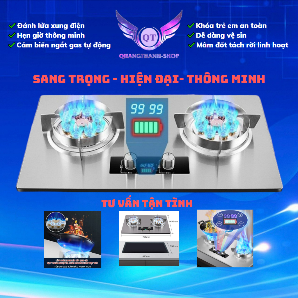 Bếp Gas Đôi 9 Đầu Đốt Cao Cấp QT FAST-Tích Hợp Chế Độ Hẹn Giờ Cảm Biến Ngắt Ga Tự Động-(BH 24 THÁNG)