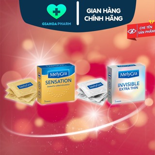 Bao cao su Melygra siêu mỏng, gân gai, chấm nổi tăng cảm giác, không mùi, bảo vệ an toàn - BCS hộp 3 cái