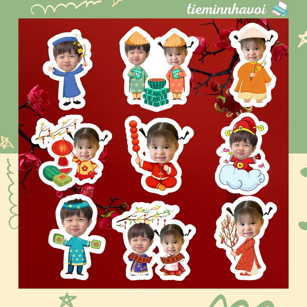 In sticker ghép mặt Tết theo yêu cầu, ảnh cán màng bảo vệ (khách tự cắt)