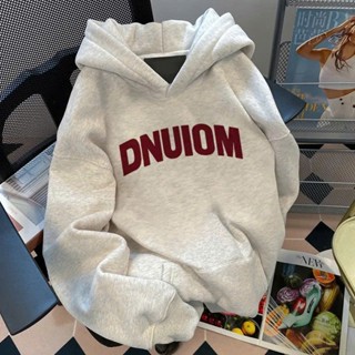 Áo Hoodie Nỉ Bông Xám Trắng In Chữ DNUIOM Mũ Trùm 2 Lớp Dày Dặn Không Xù Lông Form Rộng Phong Cách Hàn Quốc