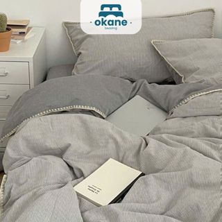 Set chăn ga gối đệm phong cách Muji tối giản họa tiết kẻ chất liệu cotton mát lạnh