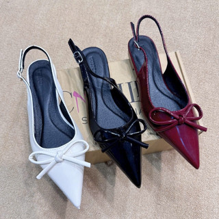  Giày nữ bệt búp bê nơ nhí da bóng mềm êm chân Giày búp bê nữ mũi nhọn sandal quai sau quai hậu phối nơ giày bệt nữ 