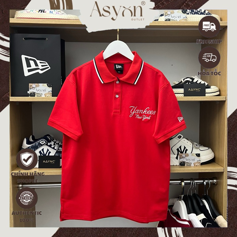 (Auth) Áo Polo New Era x MLB New York Yankees Màu Đỏ Tươi Sọc Cổ Đen Trắng Thêu Trơn | CODE: 1567842