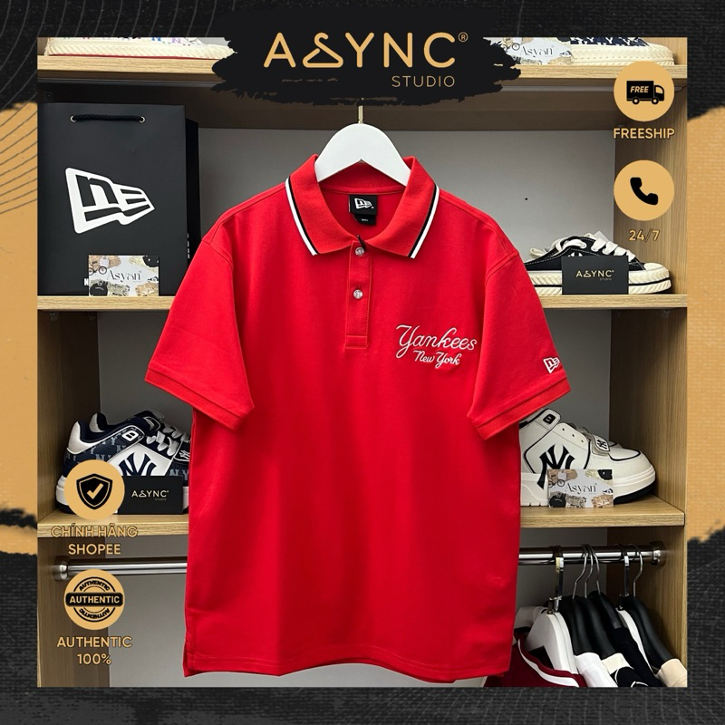 (Auth) Áo Polo New Era x MLB New York Yankees Màu Đỏ Tươi Sọc Cổ Đen Trắng Thêu Trơn | CODE: 1567842