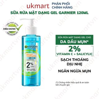 Sữa rửa mặt dạng gel sạch thoáng dịu nhẹ Garnier 2% [BHA, Vitamin C] cho da dầu mụn 120ml