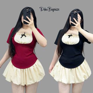 Set Áo + Váy Bigsize Nữ Áo Thun Kiểu Thun Ruby Cổ Phối Ren Chân Váy Bí Cho Các Nàng Chubby SET948