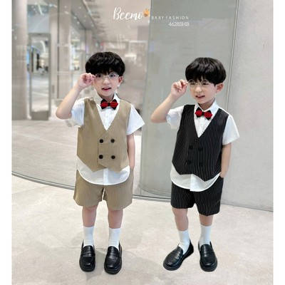 Set bộ sơ mi kẻ may gile liền thân Beemo kèm nơ vải thô cao cấp thoáng mát cho bé trai từ 9-24kg 4628SHB