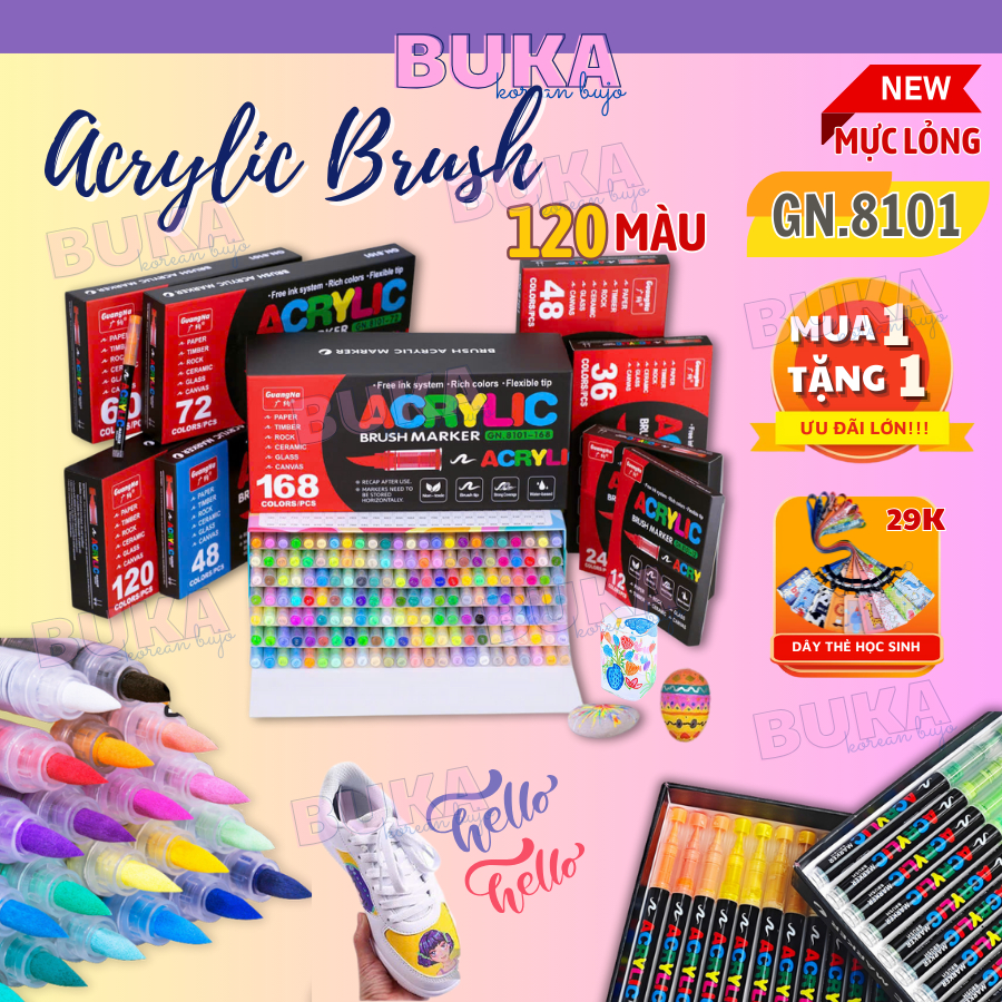 Set bút brush Acrylic Guangna Buka Bút tô màu vẽ tranh nhiều màu pastel trang trí sổ bullet journal 