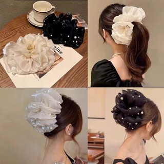 Kẹp tóc cào tóc vải voan nhún to đính ngọc trai kim tuyến sang trọng thanh lịch phong cách Hàn