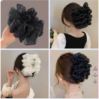 Kẹp tóc cào tóc vải voan nhún siêu to đính ngọc trai kim tuyến sang trọng thời trang Hàn Quốc