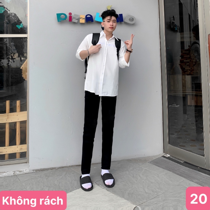 RẺ VÔ ĐỊCH - Quần jean nam không rách gối màu đen trơn chất bò co dãn 4 chiều đẹp form skinny boy ph