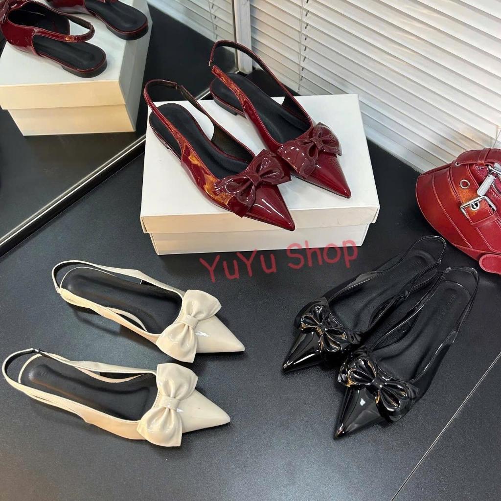 [66CG52] Giày bệt mũi nhọn phối nơ to hở gót 3 màu cao cấp.