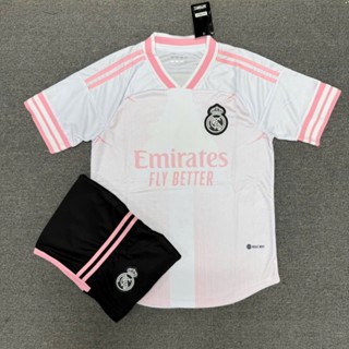 [in Tên số] Bộ quần áo đá bóng, đá banh Real Trắng Sọc Hồng - in tên số - Logo Thêu - Mè Thái