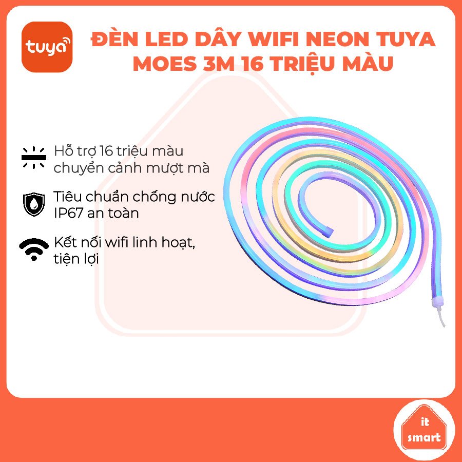 Đèn LED dây wifi neon RGB Tuya Moes 3 mét, đèn LED thông minh, chuyển màu mượt mà, chống nước