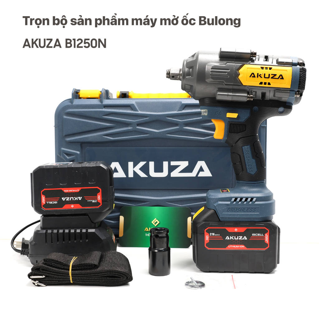 Máy siết bulong AKUZA 1250N.m. Không Chổi Than, tính năng giảm trấn - Có Búa- Lõi Đồng,2 pin 15 cell