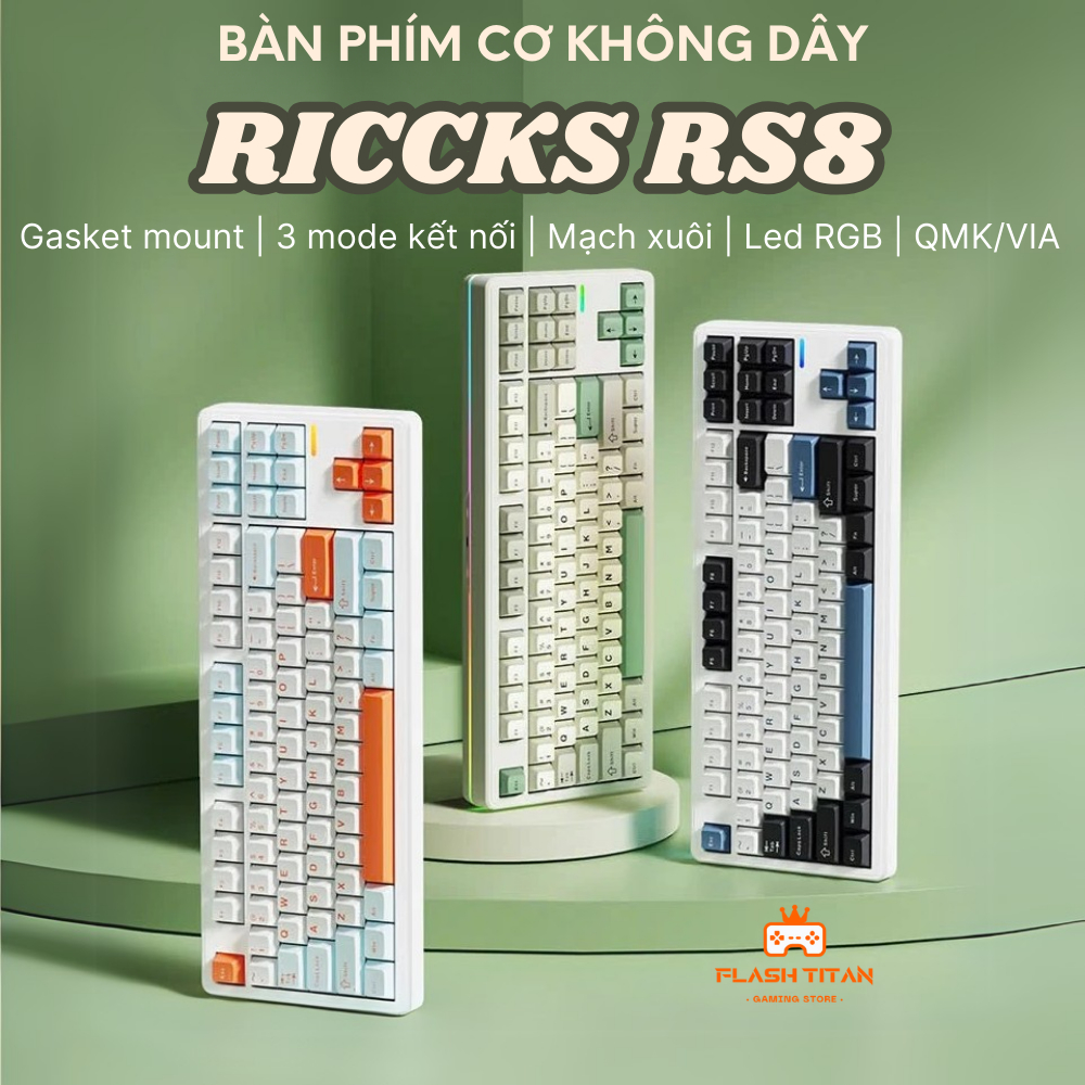 Bàn phím cơ không dây RICCKS RS8 HIFI - QMK/VIA Chính Hãng - 3 mode kết nối - LED RGB nhiều chế độ