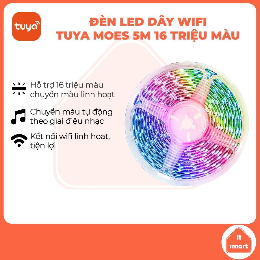 Đèn LED dây wifi RGB Tuya Moes 5 mét, đổi màu theo điệu nhạc, điều khiển từ xa