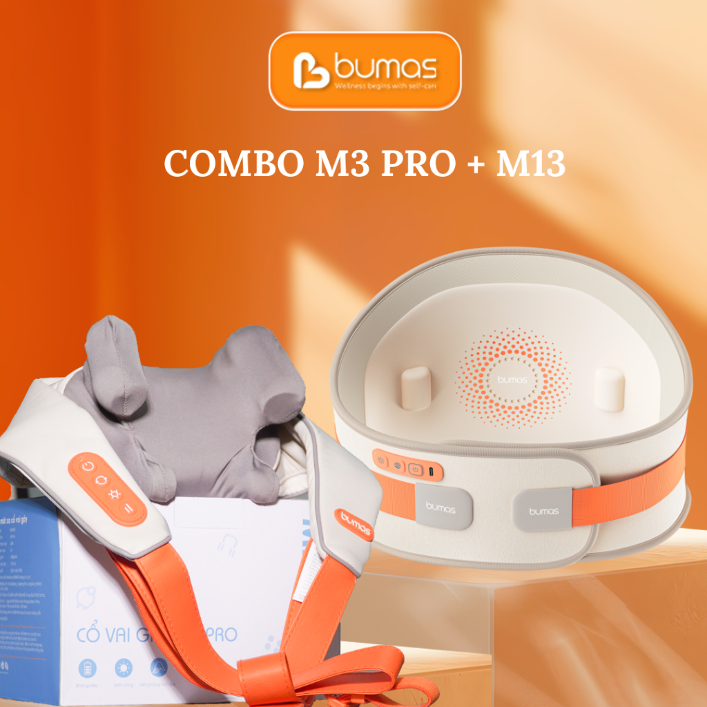 Combo Máy Massage Cổ BUMAS M3 Pro Và Máy Massage Lưng Bụng BUMAS M13, Chườm Ấm Kết Hợp Mát Xa Sâu