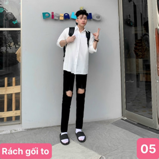 Quần jean nam rách gối to màu đen trơn chất bò co dãn 4 chiều đẹp form dáng skinny boy phố Havado Ms05 mẫu mới