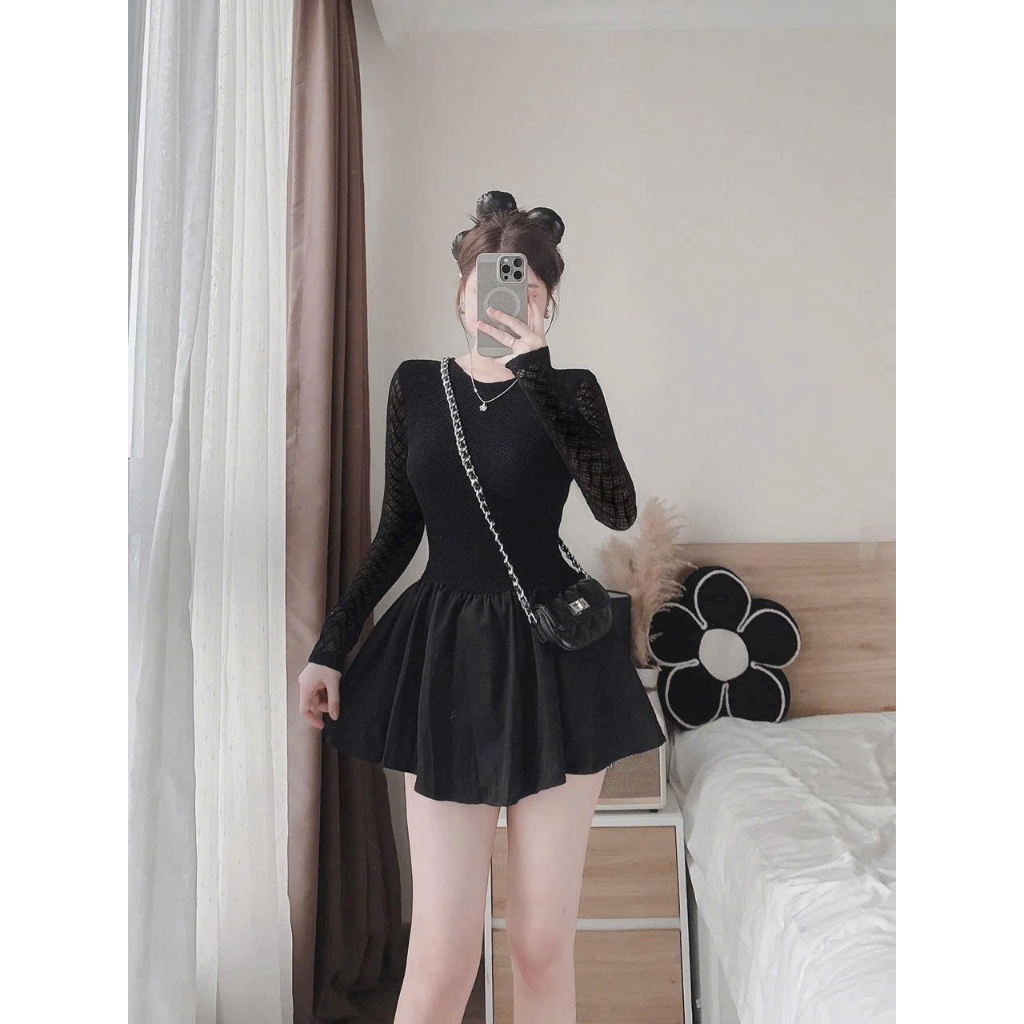Đầm thời trang nữ đi chơi chất ren phối tapta cổ tròn tay dài dáng váy lưng thụn kèm quần rời dài mi
