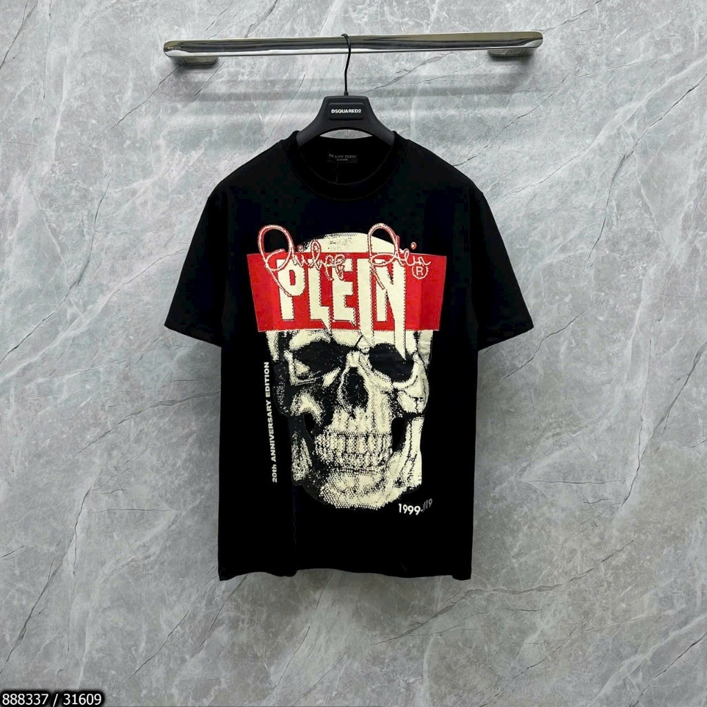 [GS-] Áo Thun Đá Đầu Lâu Chữ Đỏ Plein. Áo Phông Đính Đá Đầu Lâu Chữ Đỏ Plein Unisex #Hot #2025