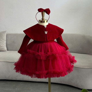 Váy Công Chúa Bé Gái Dài Tay Màu Đỏ Chân Bồng Mặc Noel, Mặc Tết Kèm Áo Choàng