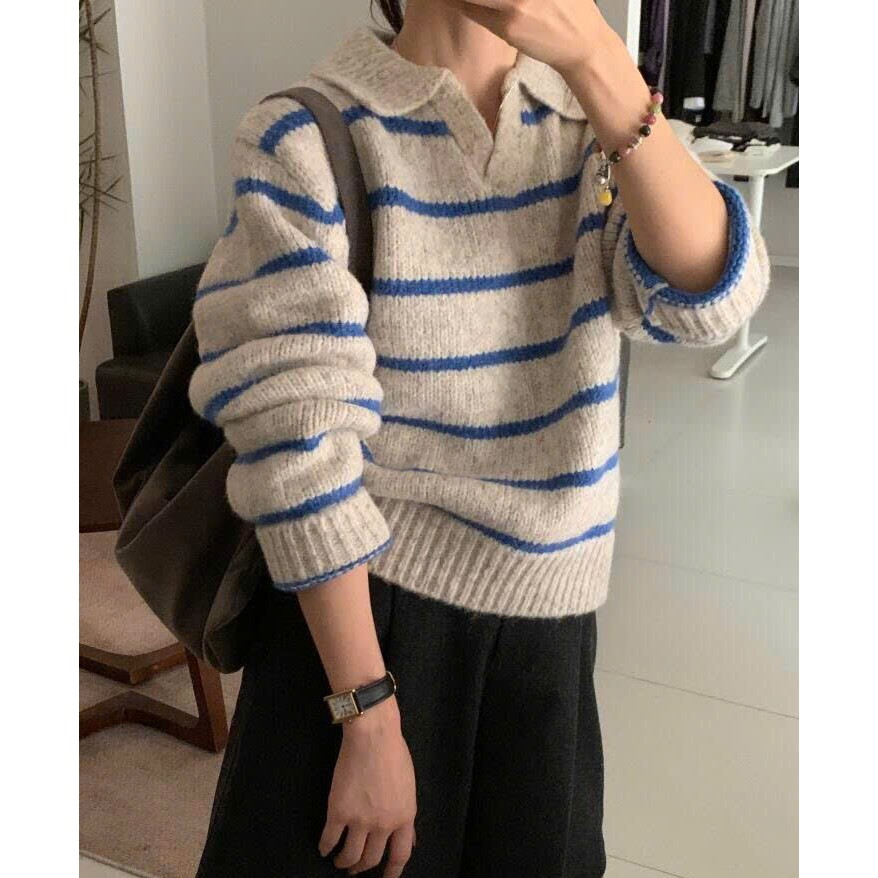 Áo Len Cổ Bẻ Len Lông Thỏ, Áo Sweater Nữ Dệt Kim Phối Kẻ Ngang Nhỏ Xám Xanh Phong Cách Hàn Quốc Hàng Qccc Shopquacam | BigBuy360 - bigbuy360.vn