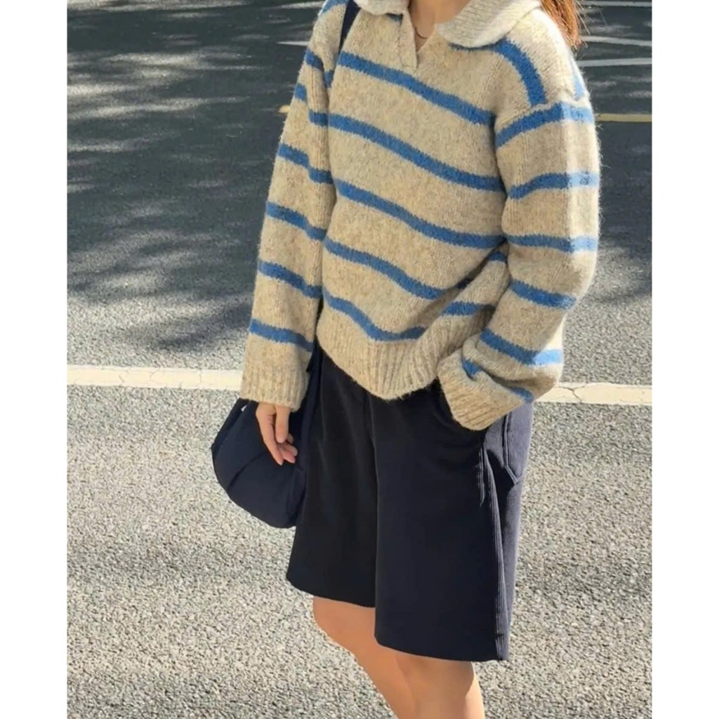 Áo Len Cổ Bẻ Len Lông Thỏ, Áo Sweater Nữ Dệt Kim Phối Kẻ Ngang Nhỏ Xám Xanh Phong Cách Hàn Quốc Hàng Qccc Shopquacam | BigBuy360 - bigbuy360.vn