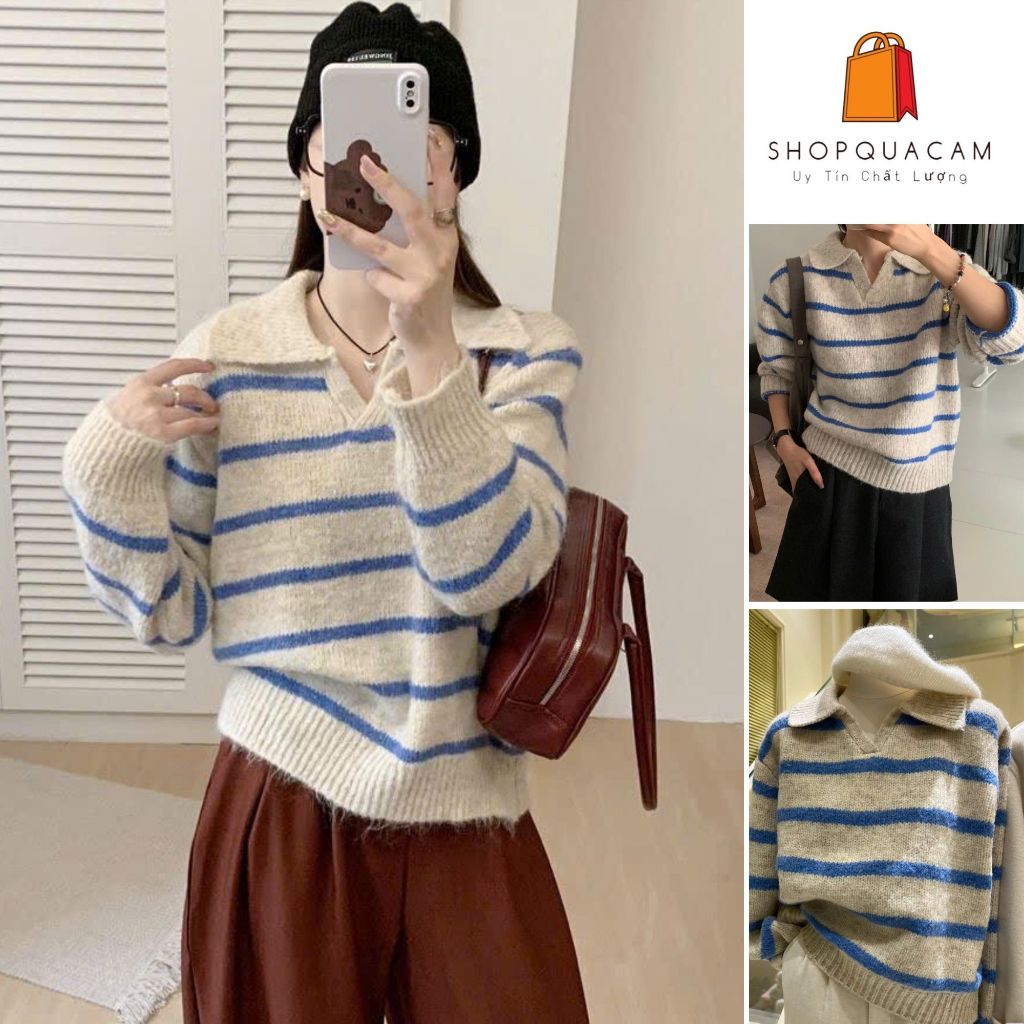 Áo Len Cổ Bẻ Len Lông Thỏ, Áo Sweater Nữ Dệt Kim Phối Kẻ Ngang Nhỏ Xám Xanh Phong Cách Hàn Quốc Hàng Qccc Shopquacam | BigBuy360 - bigbuy360.vn