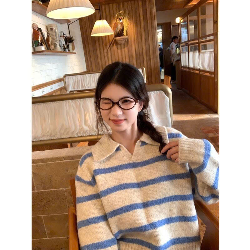 Áo Len Cổ Bẻ Len Lông Thỏ, Áo Sweater Nữ Dệt Kim Phối Kẻ Ngang Nhỏ Xám Xanh Phong Cách Hàn Quốc Hàng Qccc Shopquacam | BigBuy360 - bigbuy360.vn