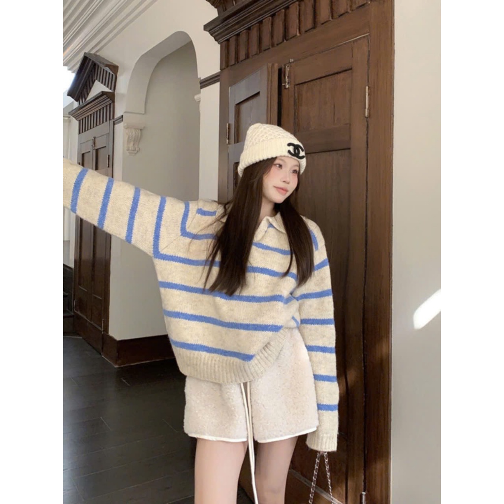 Áo Len Cổ Bẻ Len Lông Thỏ, Áo Sweater Nữ Dệt Kim Phối Kẻ Ngang Nhỏ Xám Xanh Phong Cách Hàn Quốc Hàng Qccc Shopquacam | BigBuy360 - bigbuy360.vn