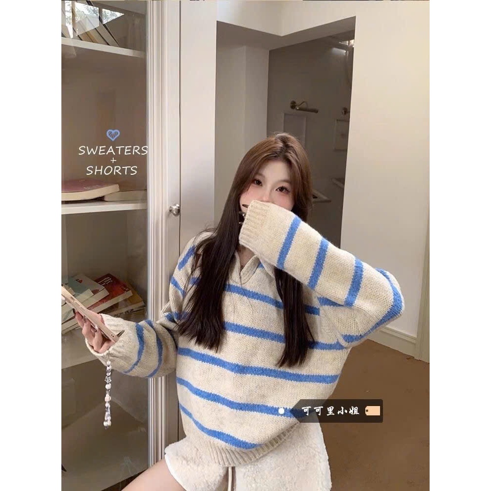 Áo Len Cổ Bẻ Len Lông Thỏ, Áo Sweater Nữ Dệt Kim Phối Kẻ Ngang Nhỏ Xám Xanh Phong Cách Hàn Quốc Hàng Qccc Shopquacam | BigBuy360 - bigbuy360.vn