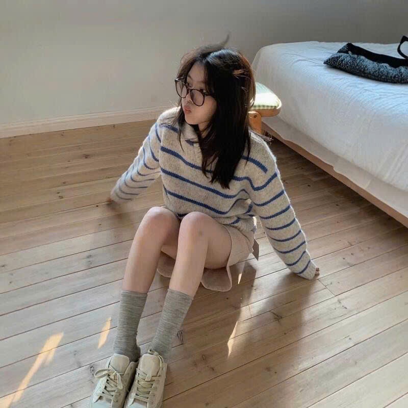 Áo Len Cổ Bẻ Len Lông Thỏ, Áo Sweater Nữ Dệt Kim Phối Kẻ Ngang Nhỏ Xám Xanh Phong Cách Hàn Quốc Hàng Qccc Shopquacam | BigBuy360 - bigbuy360.vn
