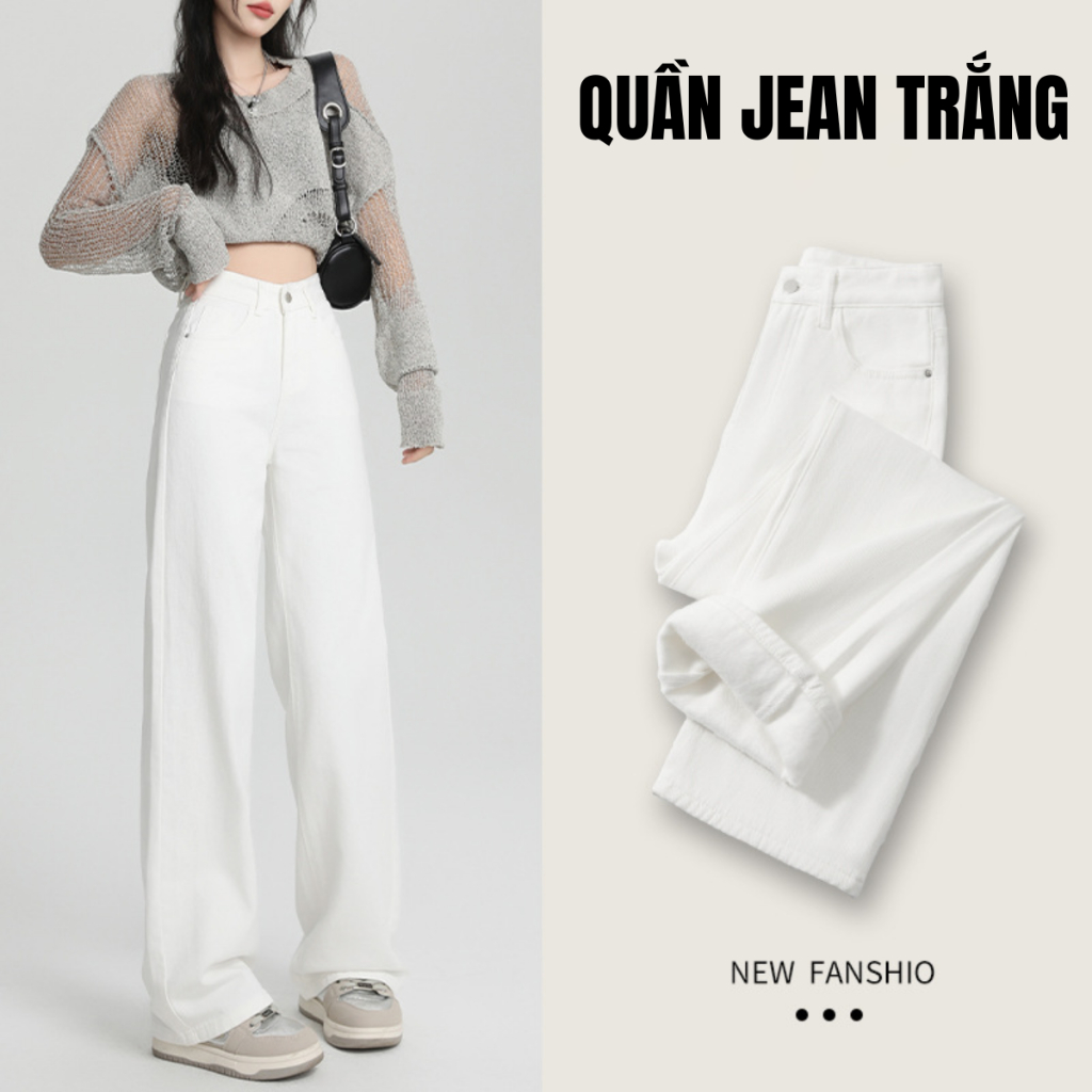 Quần jeans nữ ống suông trơn màu Trắng MIAA cạp cao dáng rộng suông Dáng dài Lưng Cao hack dáng BigS