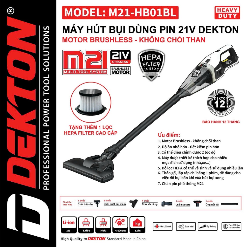 Máy hút bụi cầm tay dùng pin Dekton M21-HB01BL Motor Brushless Lọc bụi Hepa Chân phổ thông Chính HÃn