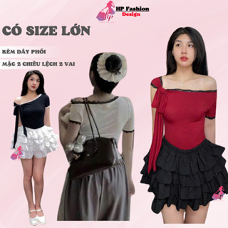 Áo thun lệch trễ bệt vai ôm body phối ren, áo kiểu nữ đỏ đô đen noel tết xmax tôn dáng sang chảnh HP20
