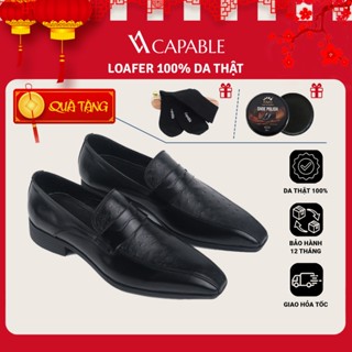 Giày da nam lười Loafer CAPABLE màu đen phối vân hạt đế cao su, bảo hành 12 tháng