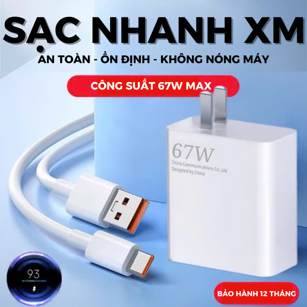 Sạc nhanh XM 33W 67W 120W gồm củ sạc cổng USB và cáp sạc USB to TypeC dành cho các dòng XM