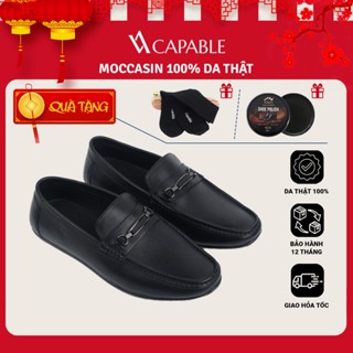 Giày da nam lười Moccasin CAPABLE đai khóa phụ kiện màu đen đế cao su,  bảo hành 12 tháng