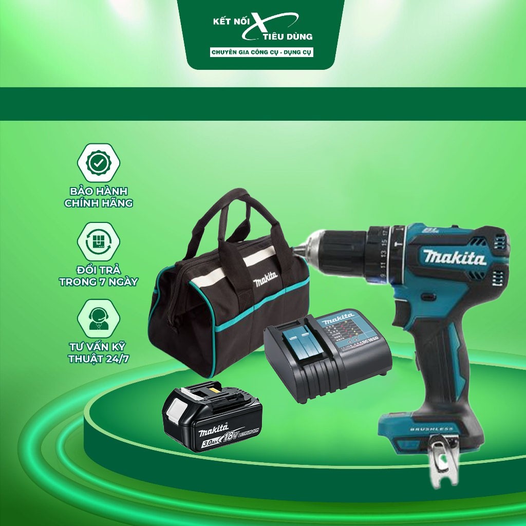 Combo Makita – Thân Máy Khoan DHP485 (Không than) + Pin 18V 3.0Ah + Đế Sạc Tiêu Chuẩn + Túi Dụng Cụ|