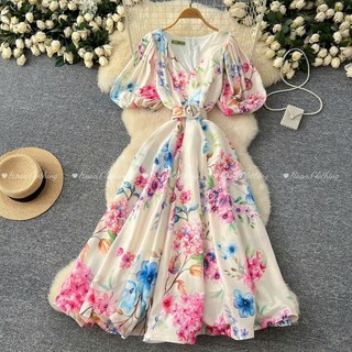 #4528 [Order] Đầm Quảng Châu ngắn tay dáng cổ chữ V kèm thắt lưng họa tiết dáng váy chữ A 2 màu đủ size