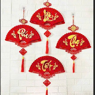 Khánh Đỏ Hình Quạt Và Vuông Treo Tường Chữ Tết Phúc Lộc Thọ Trang Trí Tết 2025 Mang Lại May Mắn