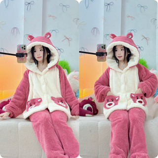 [40-70kg]Bộ ngủ nữ lông dài tay quần dài GẤU DÂU LOTSO mềm mại ấm áp freesize mùa đông Áo Nhung Women Quần Ngủ
