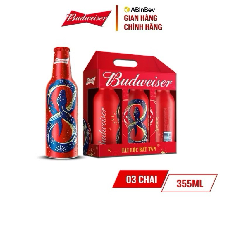 [HCM][HOẢ TỐC] Lốc 3 Chai Budweiser Aluminum 355ml - Budweiser Chai Nhôm Mẫu Tết 2025