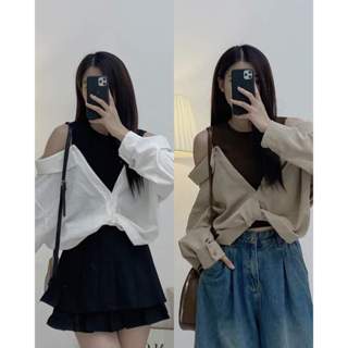 yenacloset / ÁO SƠ MI TRỄ VAI PHỐI BA LỖ - Áo kiểu nữ khoét hở vai cách điệu pha màu liền áo thun tăm ulzzang HQ #HK155