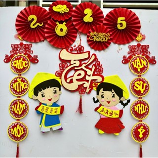 Sét chữ tết gỗ hình người đội nón có quạt kèm câu đối vạn sự như ý trang trí tết