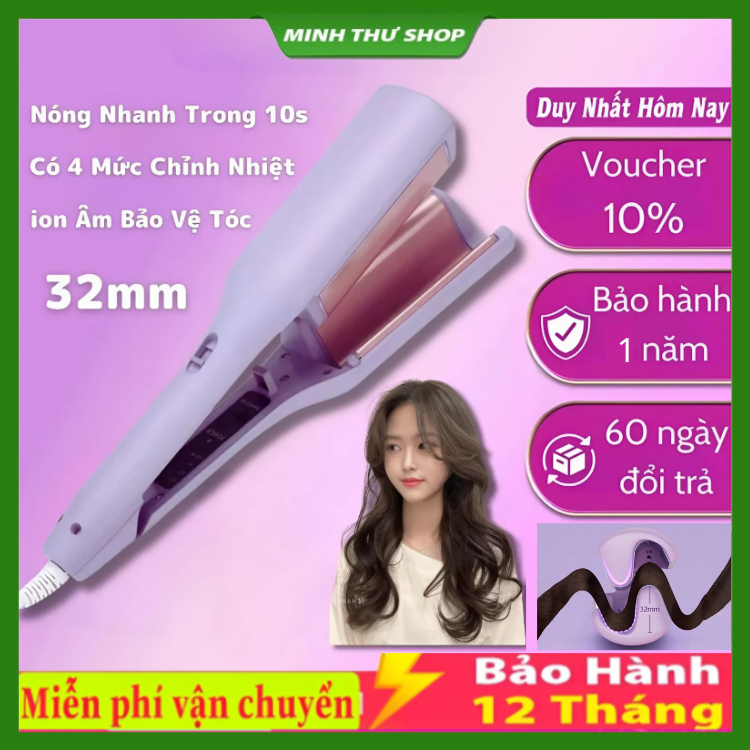 Máy Uốn Tóc Xoăn Sóng Nước Hippe 32mm Chất Liệu Gốm Sứ Ceramic Cao Cấp, Máy Làm Xoăn Sóng Nước Chỉnh Nhiệt