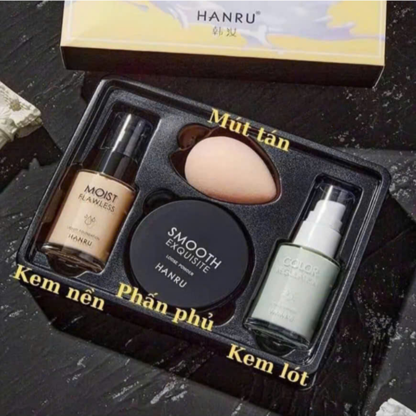 Bộ Kem + Phấn Trang Điểm HANRU 4 Sản Phẩm Tiện Lợi, Cơ Bản, Đầy Đủ Cho Người Mới Makeup
