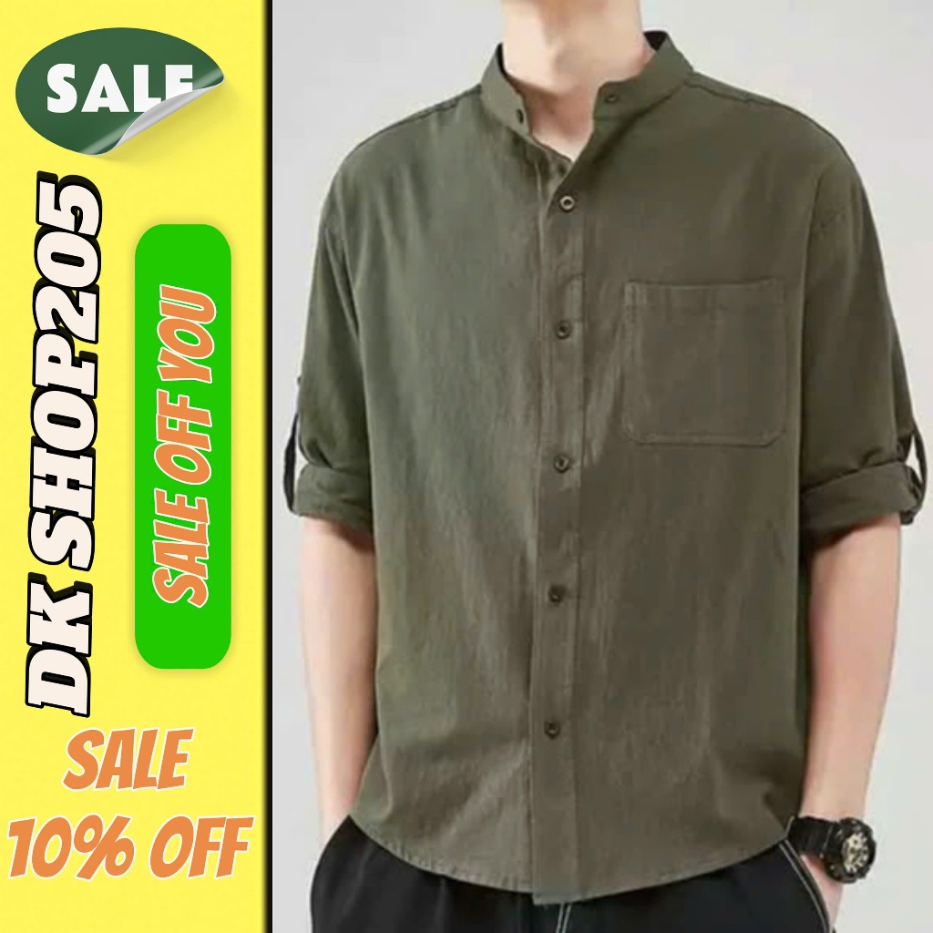 Áo sơ mi đũi lỡ tay DK Shop 205, áo sơ mi nam cổ tàu phong cách Hàn Quốc phom rộng